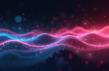 Abstract futuristic background featuring pink, blue glowing neon wave lines and bokeh lights. Data transfer concept. Fantastic wallpaper for modern design projects, tech, event or stream backdrops.
