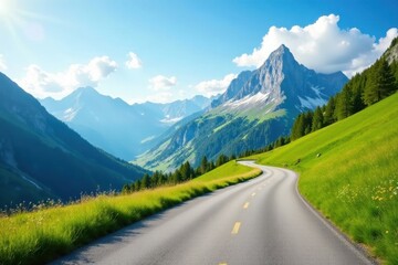 Asphalt Pathway Winding Through Verdant Meadows Towards Majestic Mountain Peaks Under a Sunny Sky