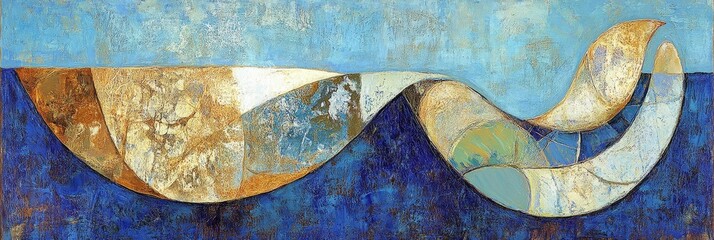 Abstract wave painting in blue, gold, and white, for artistic backgrounds