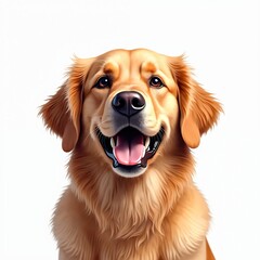 Happy dog portrait illustration. Golden retriever with open mouth tongue out isolated on white background. Beautiful domestic purebred pedigree puppy with brown eyes, fur. Friendly happy pet animal.