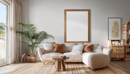 Hampton Style Living Room Interior with 3D Mockup Elegant, Warm, and Inviting Coastal Retreat Embracing Shabby Chic Aesthetics and Classic Design Elements