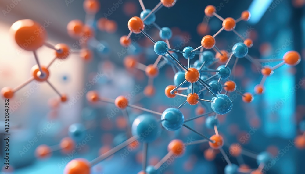 Poster Illustration shows atom molecular structure for science background. 3D rendering of molecule atom model. Blue, orange spheres connected with bonds, depict scientific research, technology, medicine