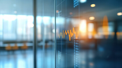 Fototapeta premium close up of glass wall in modern office showcasing digital waveform display, symbolizing technology and innovation in professional environment
