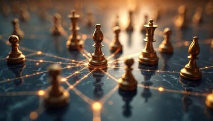Golden chess pieces connected by network lines on marble surface. Pawns symbolize strategy, connection, teamwork, business, leadership, collaboration, communication in marketing or cyberspace.