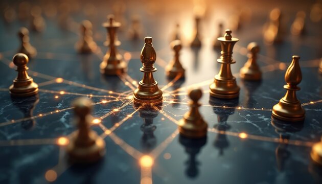 Golden chess pieces connected by network lines on marble surface. Pawns symbolize strategy, connection, teamwork, business, leadership, collaboration, communication in marketing or cyberspace.