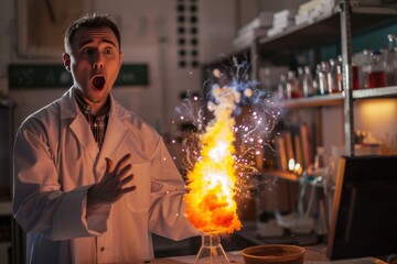 Shocked lab man witnesses bright, colorful explosion in a beaker, dimly lit laboratory science gone wild oops.