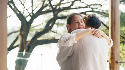 Young adult asia people fiance happy lover flirt fall in love nose lips kiss hug cuddle care trust....