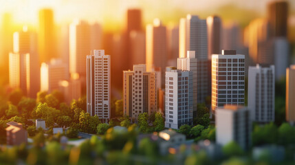 Obraz premium Urban skyline at sunset with modern buildings and greenery