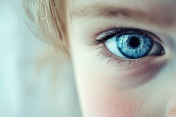 Obraz premium Close-up of a child's eye with striking blue iris and detailed eyelashes, showcasing the beauty and innocence of youth.