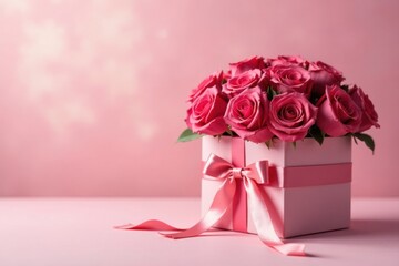 Pink roses in a gift box with a delicate ribbon bow, a romantic and elegant present