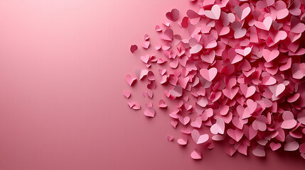Scatter of pink paper hearts on a soft pink background