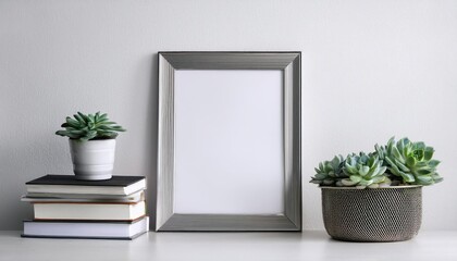 Fototapeta premium Modern Home Interior Poster Mockup Horizontal Metal Frame Showcases Arrangement of Succulents and Stack of Books Amidst a Cozy Ambiance, Perfect for Digital Art, Home Decor, or Design