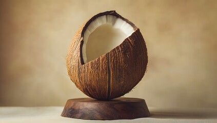 Cracked Coconut on Wooden Pedestal, Beige Background