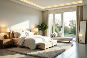 Serene Bedroom Interior Design with Natural Light Streaming Through Large Windows, Featuring a Plush Bed, Elegant Ottoman, and Cozy Chaise Lounge