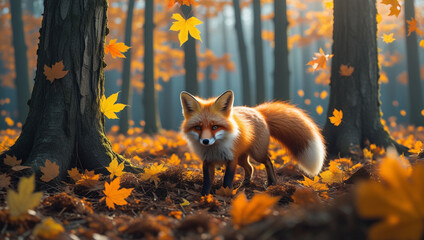 Adorable Red Fox in a Golden Fall Forest