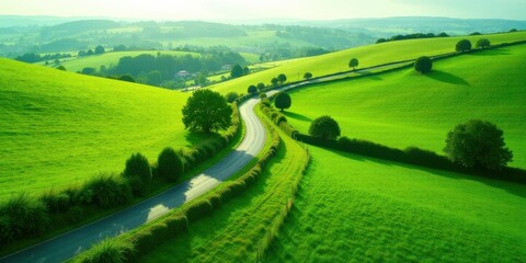 Fototapeta premium Serene Winding Road Through Lush Green Rolling Hills, a Picturesque Pastoral Landscape