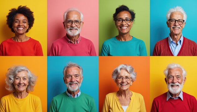 Collage of diverse senior headshots on colorful backgrounds. Happy elderly men and women. Multicultural ageing community. Positive seniors joyful retirement lifestyle. Health care and wellness.