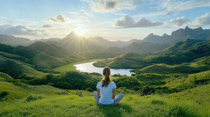 woman meditating in serene landscape with mountains and lake