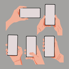Hand holding mobile phone in vector flat style