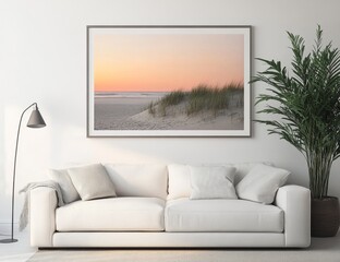 Pastel sunset beach dune print above sofa