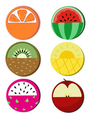 Set of fruit icons, orange, watermelon, kiwi, pineapple, dragon fruit, apple
