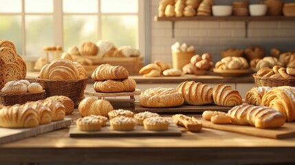 Assorted fresh baked goods in a warm bakery setting