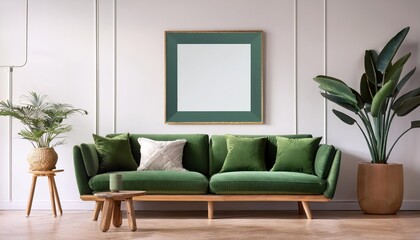 Comfortable Green Sofa in Modern Home Interior with Poster Frame Mockup, Stylish Wood Furniture on Minimalist White Wall, Radiant and Inviting Atmosphere