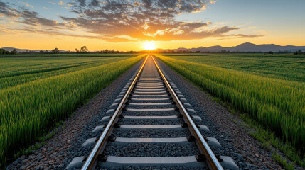 Fototapeta premium scenic view of railway tracks leading into sunset over green fields