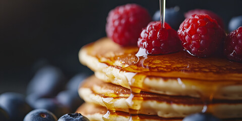 Pancakes with blueberries and raspberries topped with syrup, Delicious pancakes with syrup and fruit
