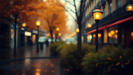 Blurred city street scene at dusk or dawn, with warm streetlights glowing against a backdrop of autumn trees and buildings.