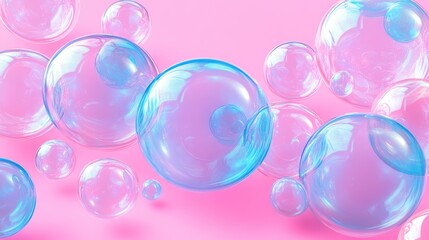 Iridescent Bubbles Floating On Pink Background