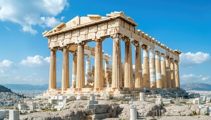 Fototapeta premium The Parthenon, an ancient Greek temple, stands majestically on the Acropolis, showcasing classical architecture against a clear blue sky.
