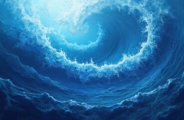AI generated illustration of sapphire blue colors meets deep ocean texture. Wave spiral sea vortex abstract background, blue water swirl with foam and splashes. Marine aqua design.
