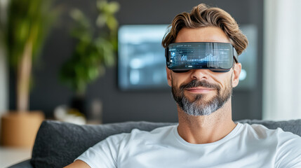 Man using augmented reality glasses for immersive experience at home