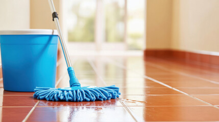mop and bucket are positioned on shiny tiled floor, reflecting clean and tidy environment. bright blue mop contrasts with warm tones of tiles, creating fresh and inviting atmosphere
