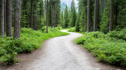 Obraz premium winding dirt path through tranquil pine forest surrounded by greenery