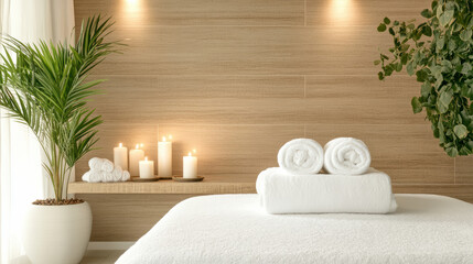 tranquil spa setting with soft lighting, candles, and towels
