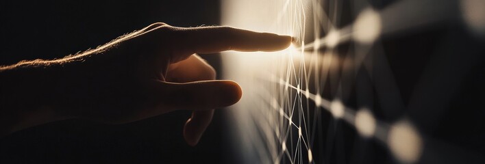 Finger touches futuristic display screen with geometric light pattern, sci-fi use