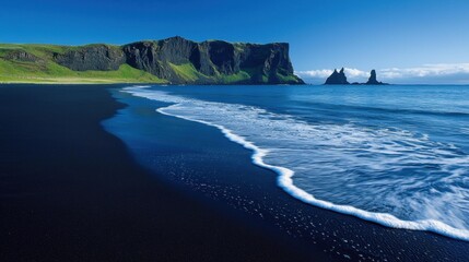 Obraz premium Serene black sand beach with dramatic cliffs and ocean waves