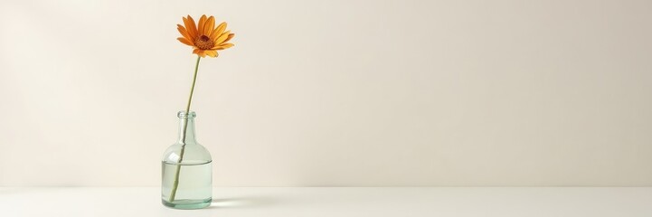Glass vase on a light background with a single dried flower isolated, simplicity, flowers, vases