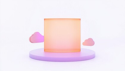 A soft pastel display featuring a translucent cube, surrounded by playful pink clouds, set on a circular purple base.