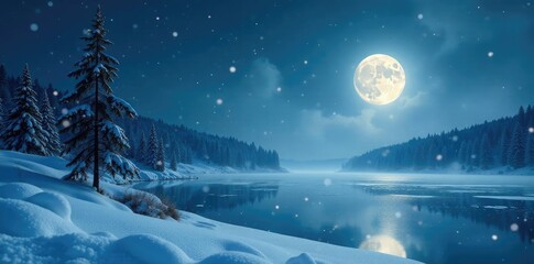 Snowflakes dance in the air as a gentle breeze stirs under the soft illumination of the full moon on a winter landscape, frozen lake, frozen water