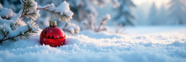Snowy landscape with red ornament nestled in the frosty scene, icy, peaceful