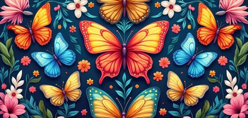 Colorful butterflies with flowers pattern. Vibrant butterflies on dark background with floral blossoms. Blooming flowers with butterfly wings in bloom for spring or summer patterns and textures.