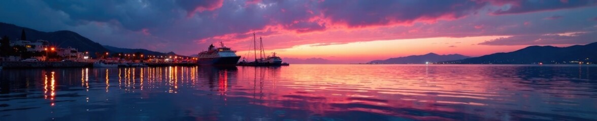 Obraz premium Twilight reflection on the sea of Piraeus port, sunset, reflections