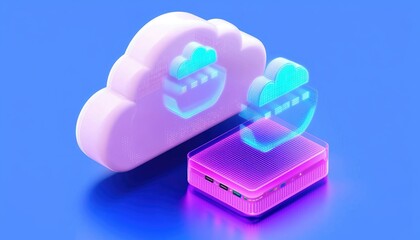 A vibrant, futuristic image showcasing a cloud symbol and a data storage device, illuminated in neon pink and blue against a bright background.