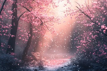 Beautiful pink cherry blossom forest with petal falling in the air, a bokeh effect, pastel colors, a dreamy and romantic atmosphere, soft light, digital art