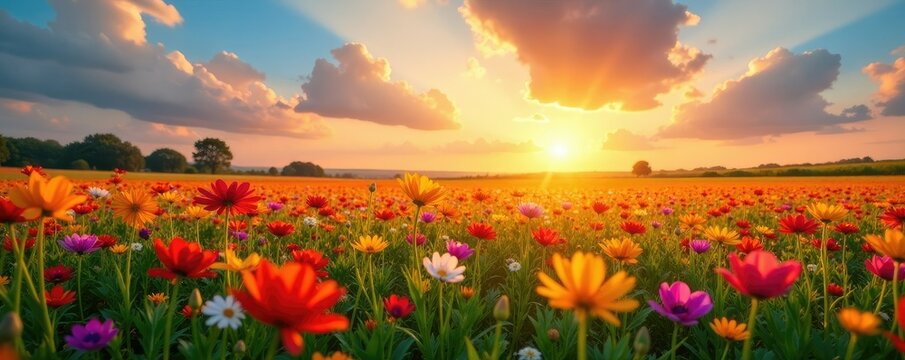 Un campo de flores en flor bajo un cielo anaranjado, campo, sol, atardecer
