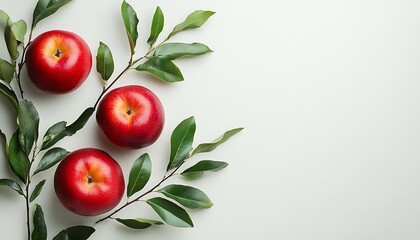 Fresh apples and leaves on white background