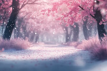 Beautiful pink cherry blossom forest with petal falling in the air, a bokeh effect, pastel colors, a dreamy and romantic atmosphere, soft light, digital art